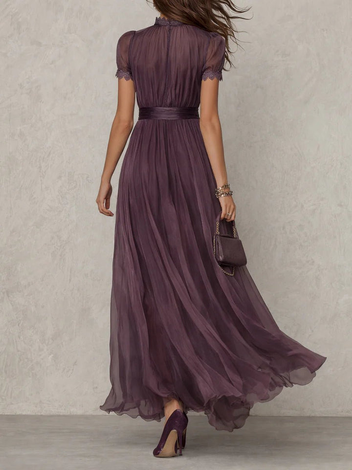 Dames Korte Mouw Kanten Chiffon Maxi Jurk Sleutelgat Hals