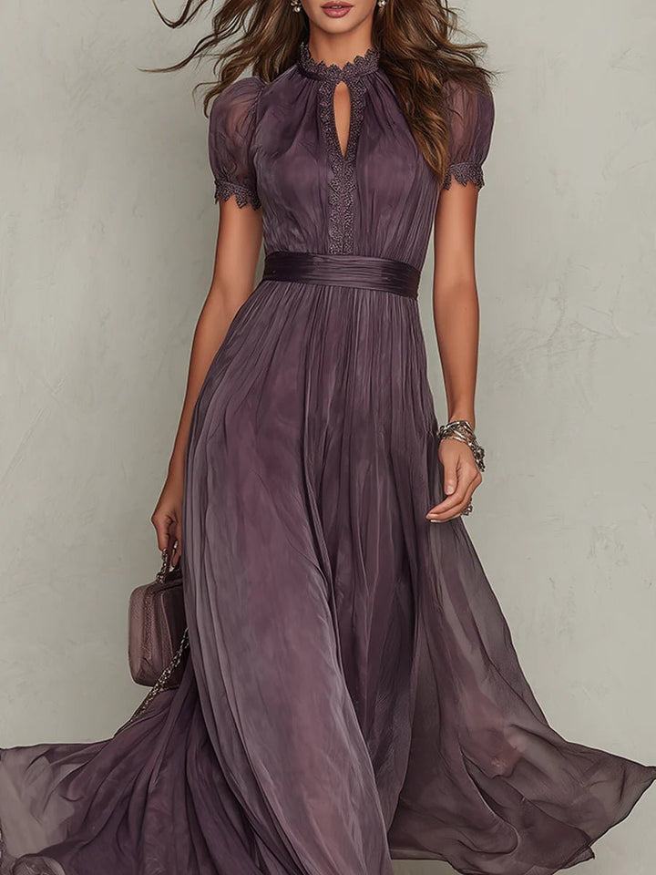 Dames Korte Mouw Kanten Chiffon Maxi Jurk Sleutelgat Hals