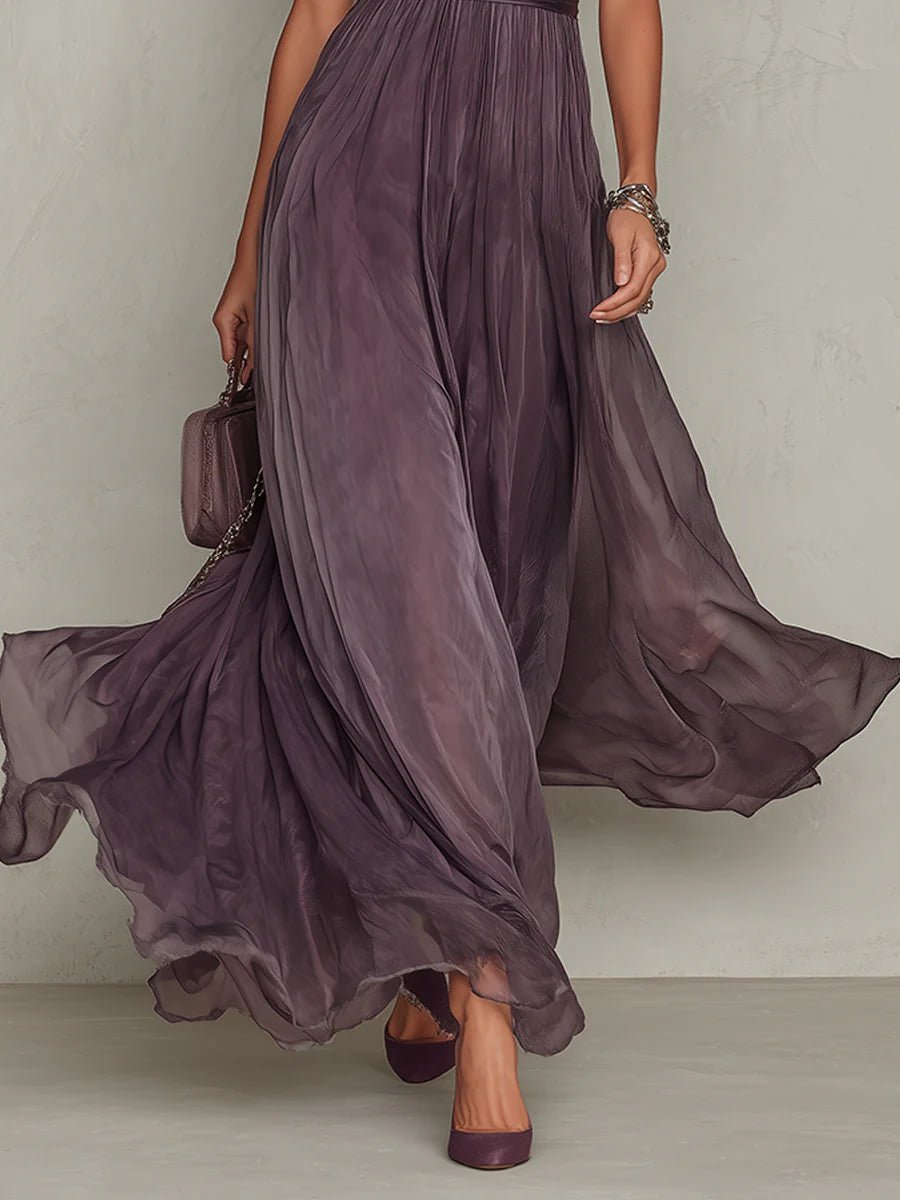 Dames Korte Mouw Kanten Chiffon Maxi Jurk Sleutelgat Hals