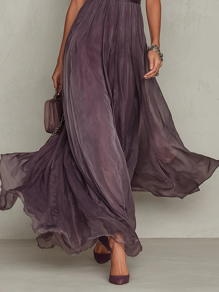 Dames Korte Mouw Kanten Chiffon Maxi Jurk Sleutelgat Hals
