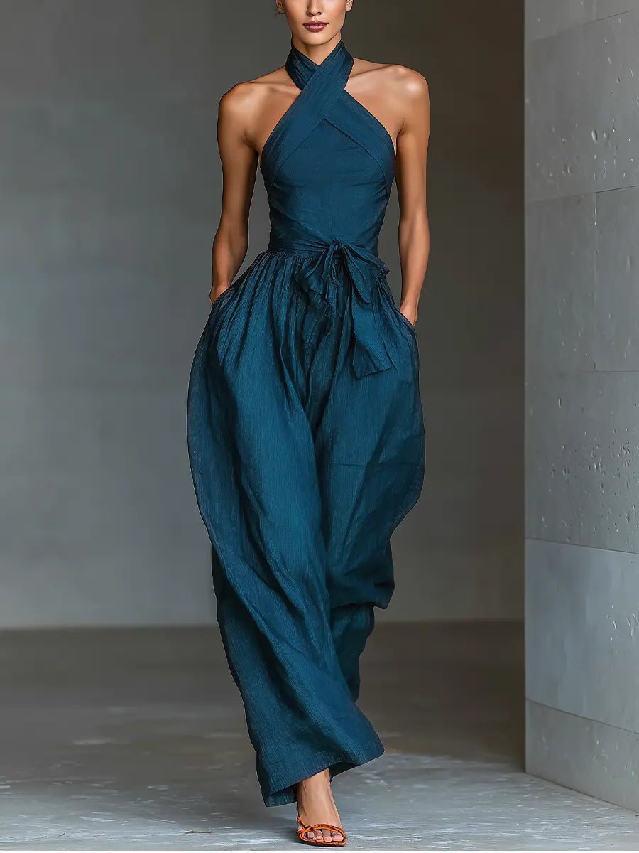 Dames Kruiselings Halter Linnen Jumpsuit Wijde Pijpen - Navy blue