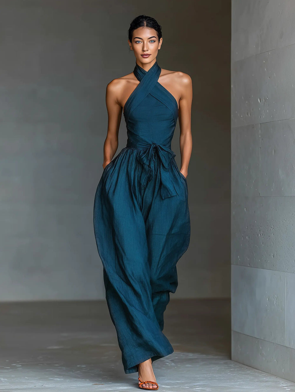 Dames Kruiselings Halter Linnen Jumpsuit Wijde Pijpen
