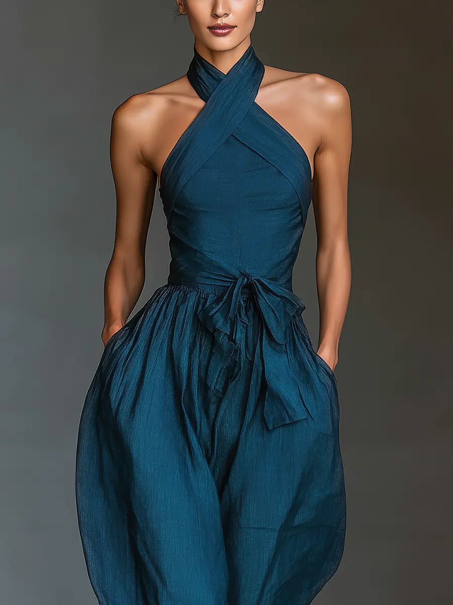 Dames Kruiselings Halter Linnen Jumpsuit Wijde Pijpen