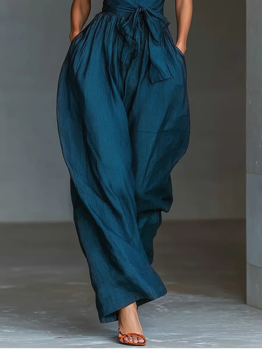 Dames Kruiselings Halter Linnen Jumpsuit Wijde Pijpen
