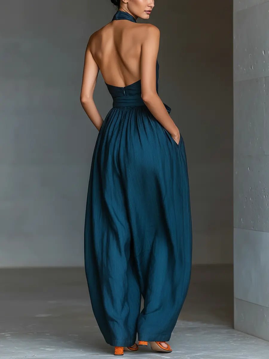 Dames Kruiselings Halter Linnen Jumpsuit Wijde Pijpen