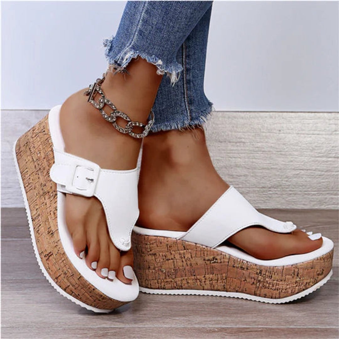 Dames Kurk Sleehak Comfortabele Sandalen Teenslippers Gesp - White