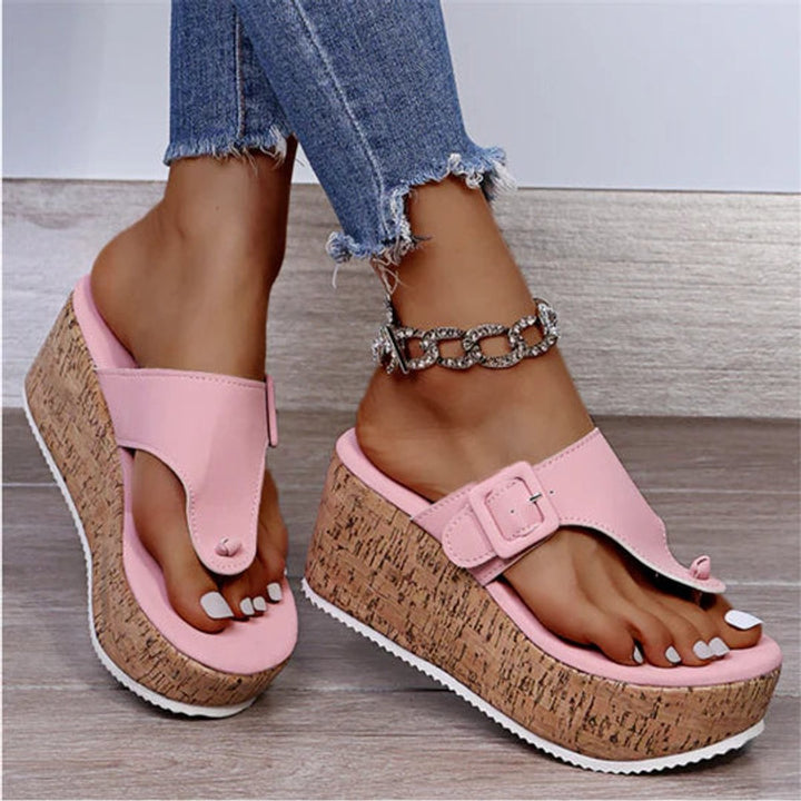 Dames Kurk Sleehak Comfortabele Sandalen Teenslippers Gesp - Pink