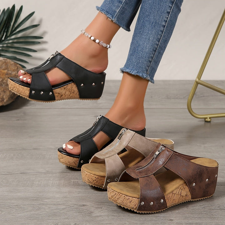 Dames Kurk Sleehak Open-Teen Rits Comfortable Sandals