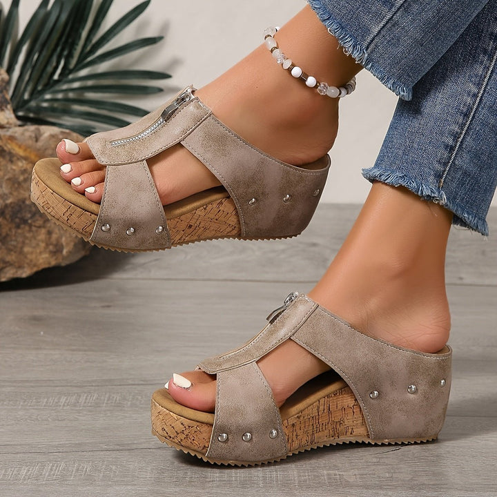 Dames Kurk Sleehak Open-Teen Rits Comfortable Sandals