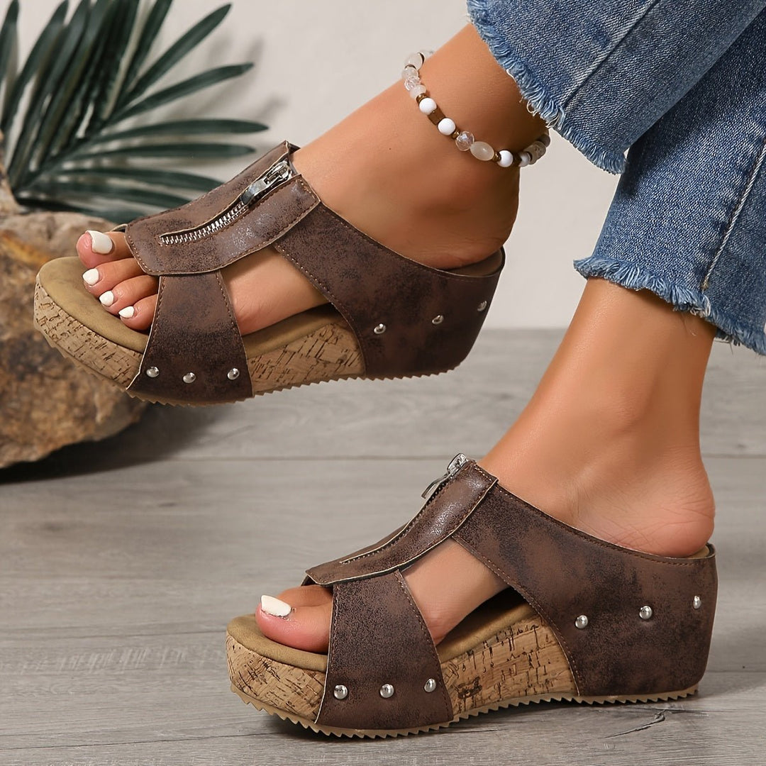 Dames Kurk Sleehak Open-Teen Rits Comfortable Sandals