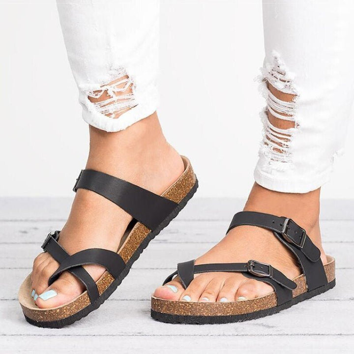 Dames Kurk Voetbed Teenring Gesp Platte Sandalen - Black