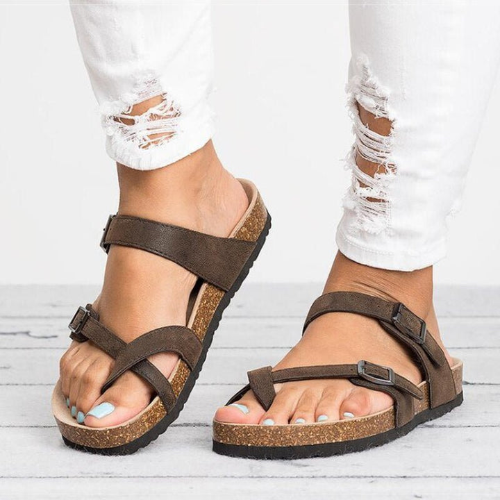 Dames Kurk Voetbed Teenring Gesp Platte Sandalen - Brown