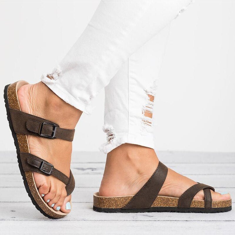 Dames Kurk Voetbed Teenring Gesp Platte Sandalen