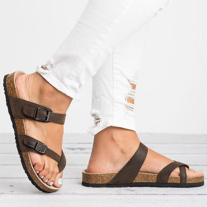 Dames Kurk Voetbed Teenring Gesp Platte Sandalen