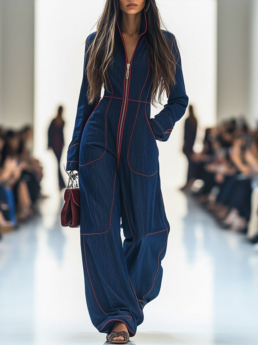 Dames Langarm Ritssluiting Wide Leg Pants Jumpsuit - Donkerblauw