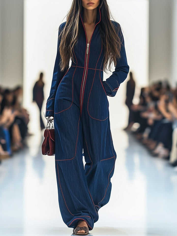 Dames Langarm Ritssluiting Wide Leg Pants Jumpsuit - Donkerblauw