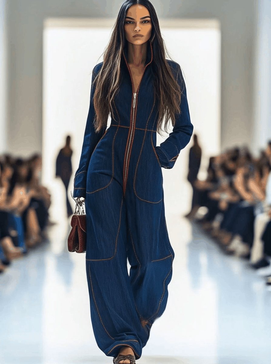Dames Langarm Ritssluiting Wide Leg Pants Jumpsuit