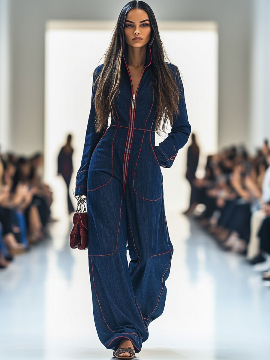 Dames Langarm Ritssluiting Wide Leg Pants Jumpsuit