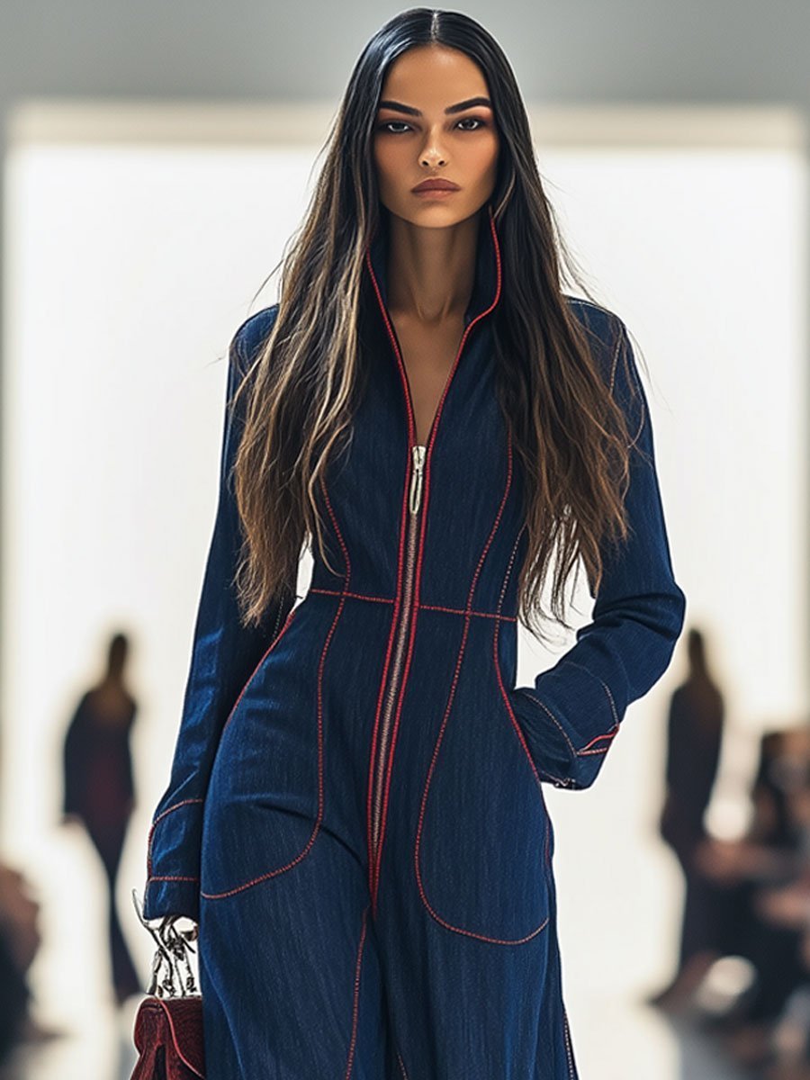 Dames Langarm Ritssluiting Wide Leg Pants Jumpsuit
