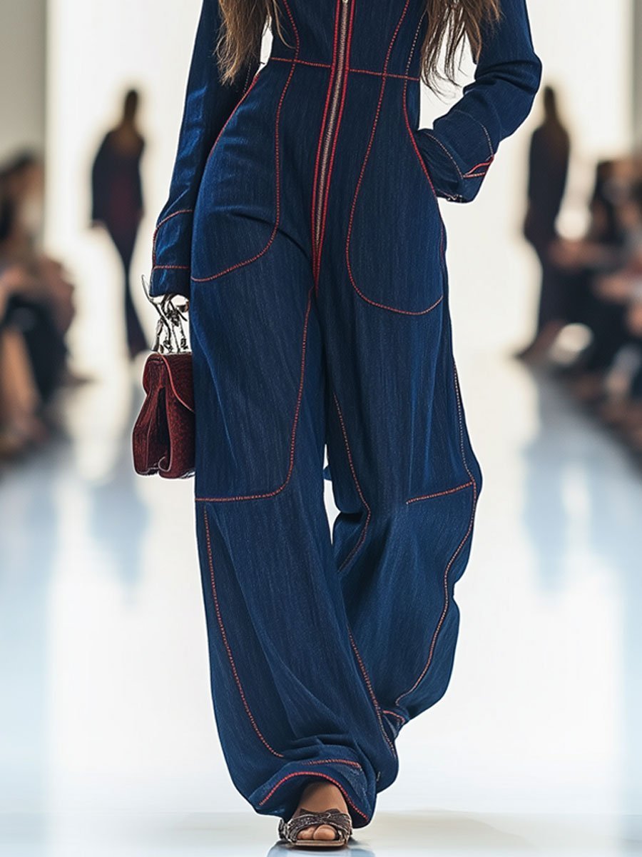 Dames Langarm Ritssluiting Wide Leg Pants Jumpsuit
