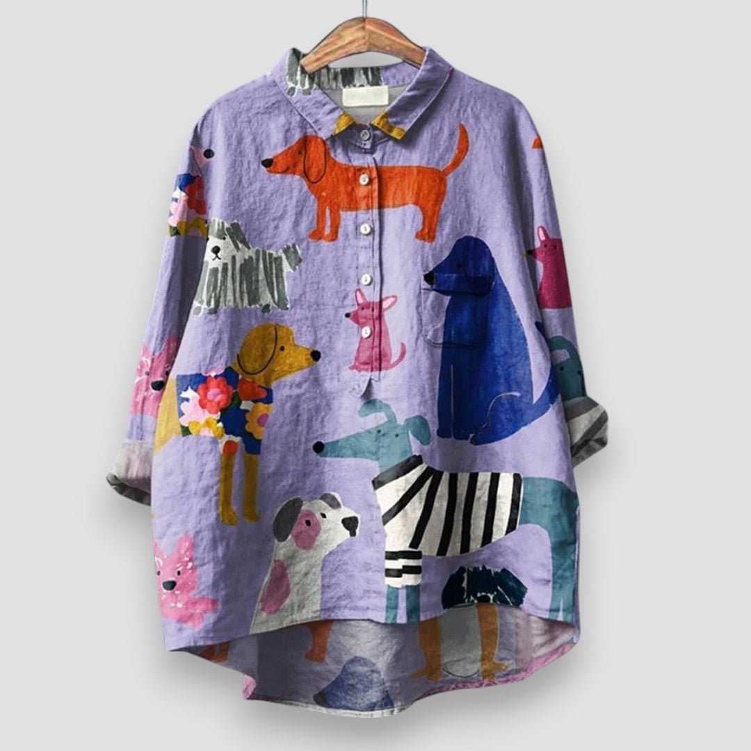 Dames Lange Mouw Hondenprint Button-Up Overhemd - Purple