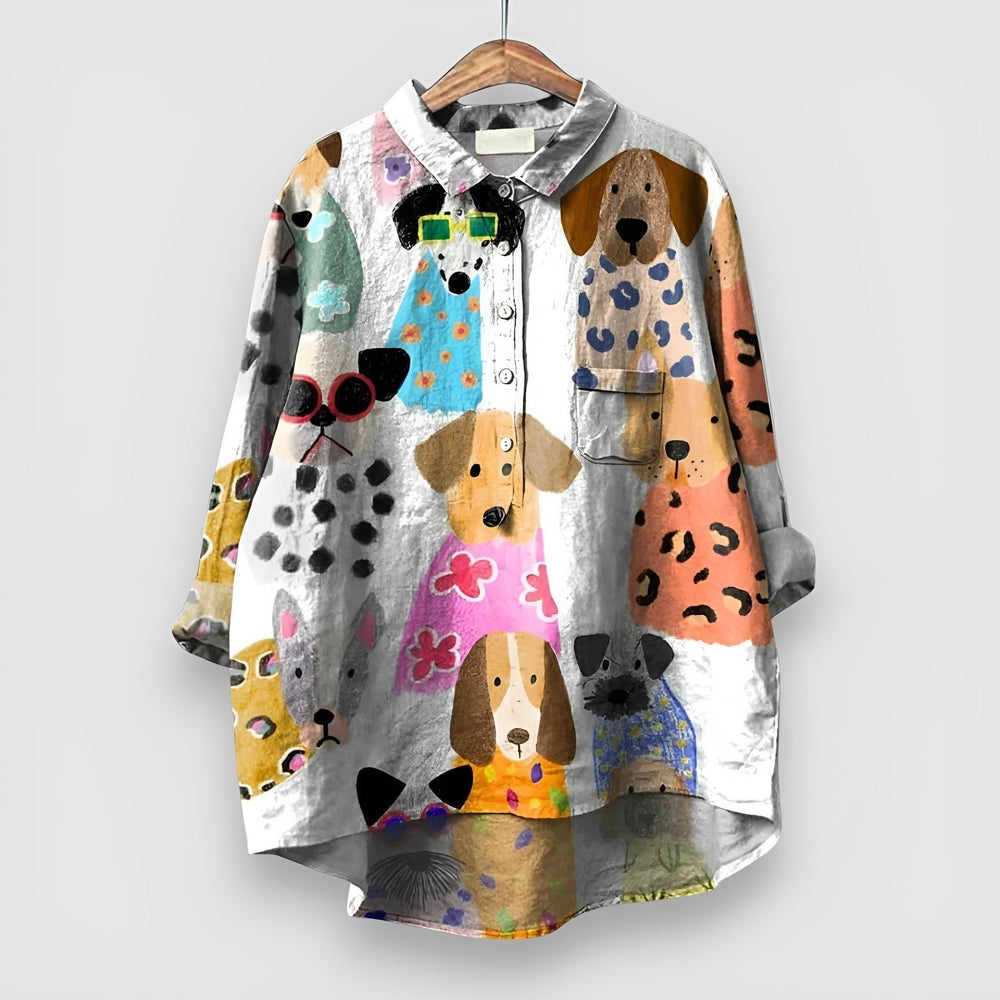 Dames Lange Mouw Hondenprint Button-Up Overhemd - White