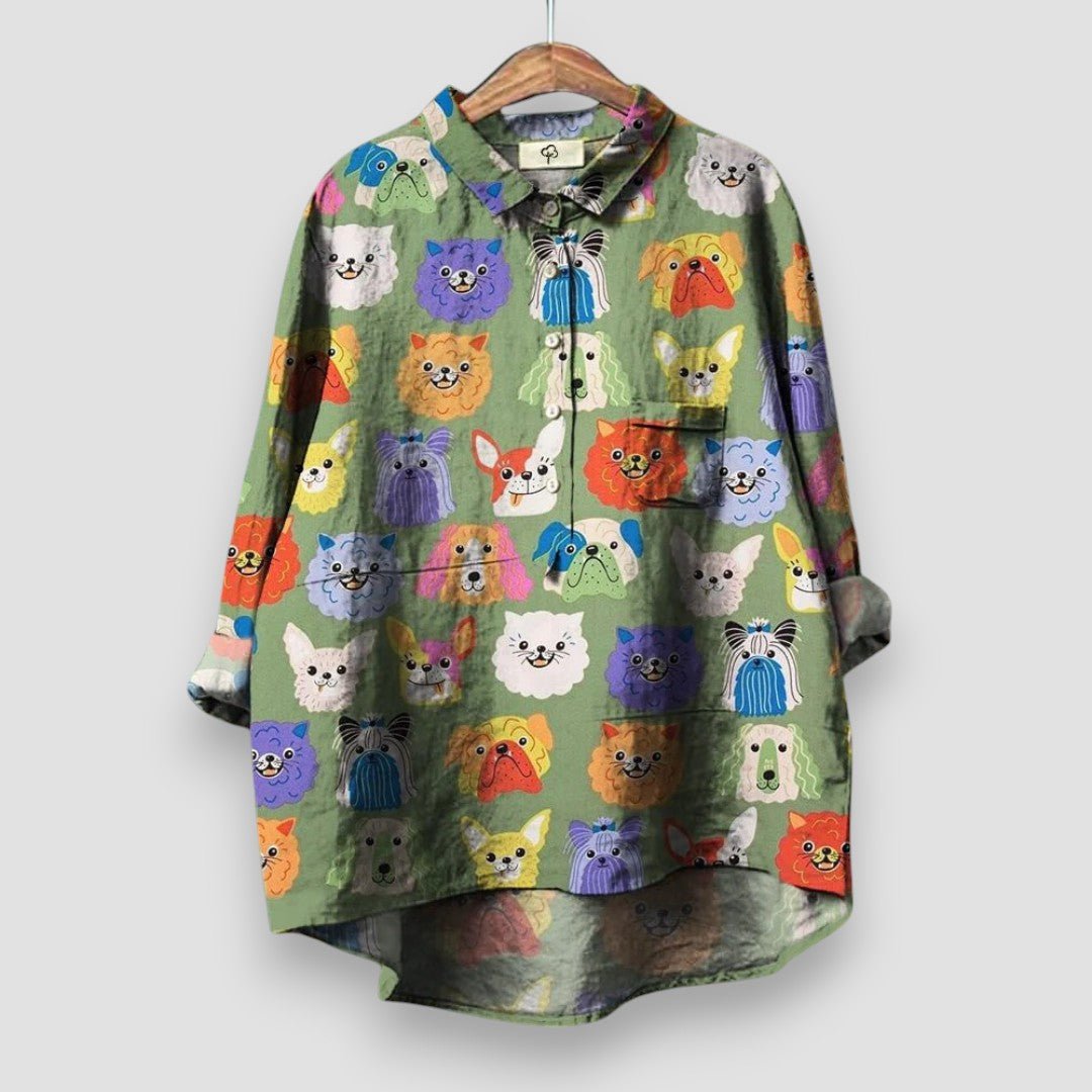 Dames Lange Mouw Hondenprint Button-Up Overhemd - Green