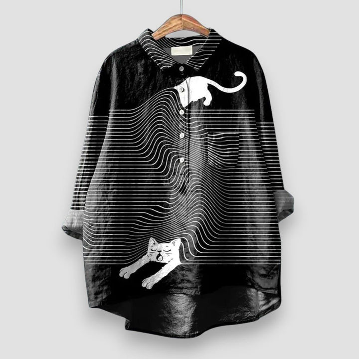 Dames Lange Mouw Hondenprint Button-Up Overhemd - Black