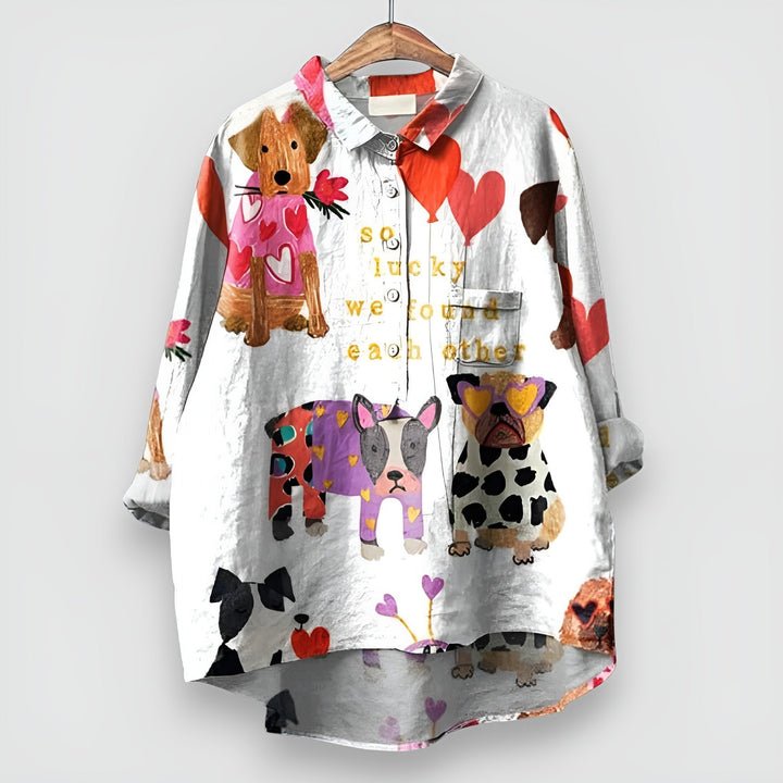 Dames Lange Mouw Hondenprint Button-Up Overhemd - White 2