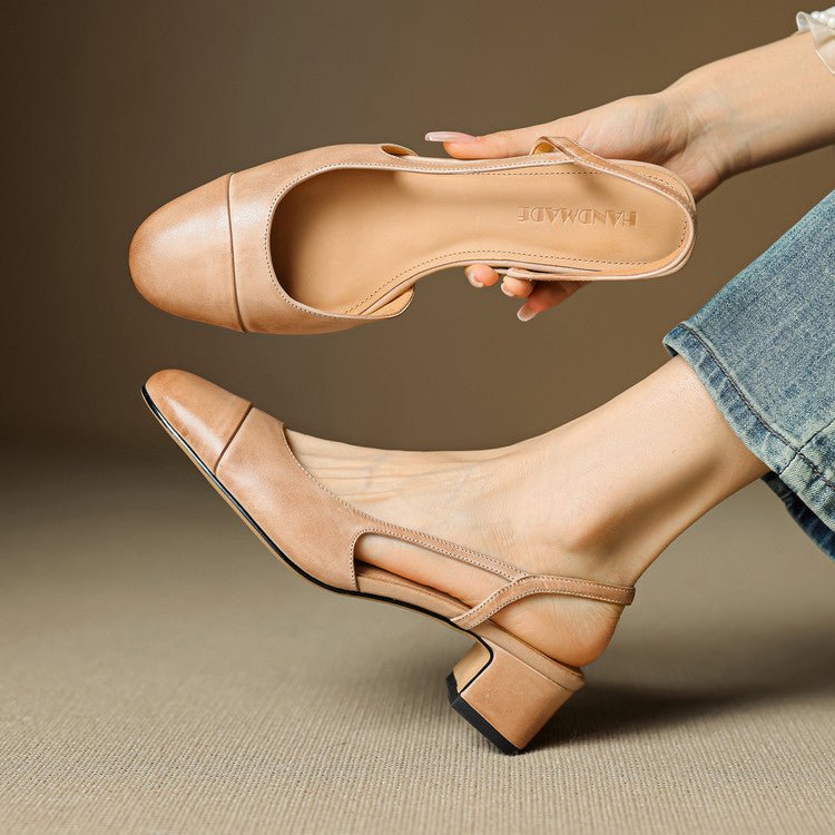 Dames Lederen Slingback Pumps met Amandelneus en Blokhak - Apricot
