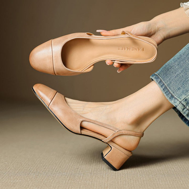 Dames Lederen Slingback Pumps met Amandelneus en Blokhak - Apricot