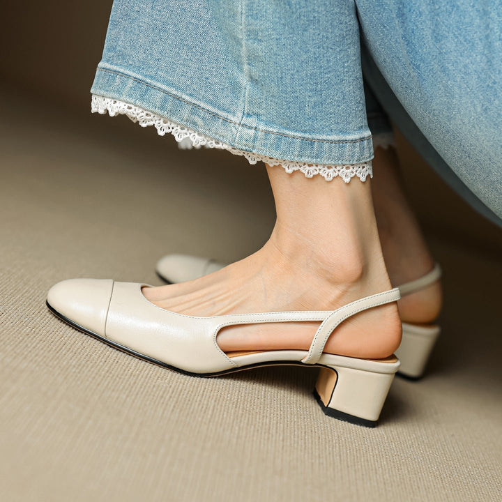 Dames Lederen Slingback Pumps met Amandelneus en Blokhak