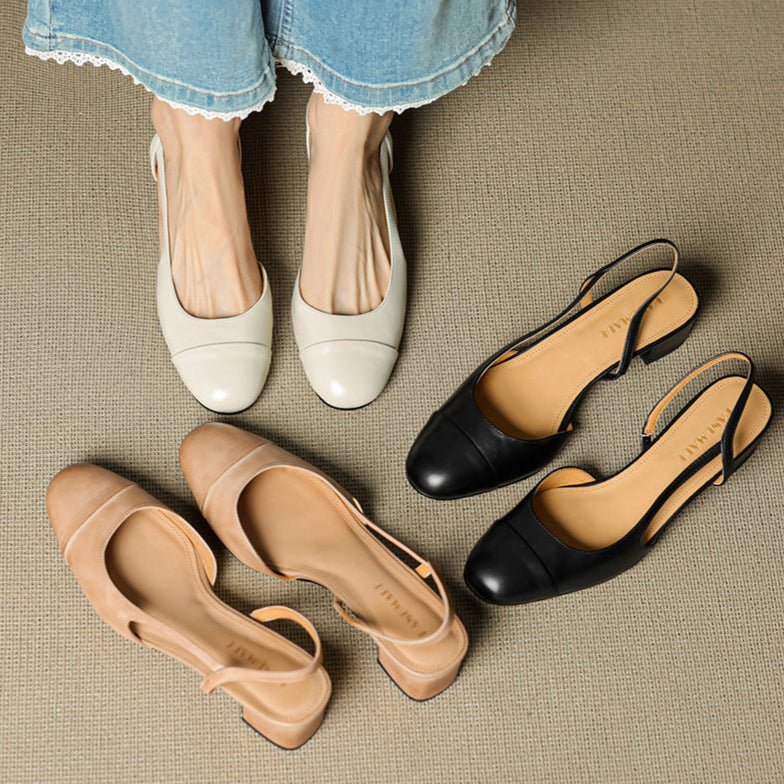 Dames Lederen Slingback Pumps met Amandelneus en Blokhak