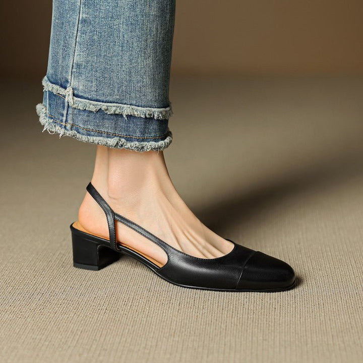 Dames Lederen Slingback Pumps met Amandelneus en Blokhak - Black