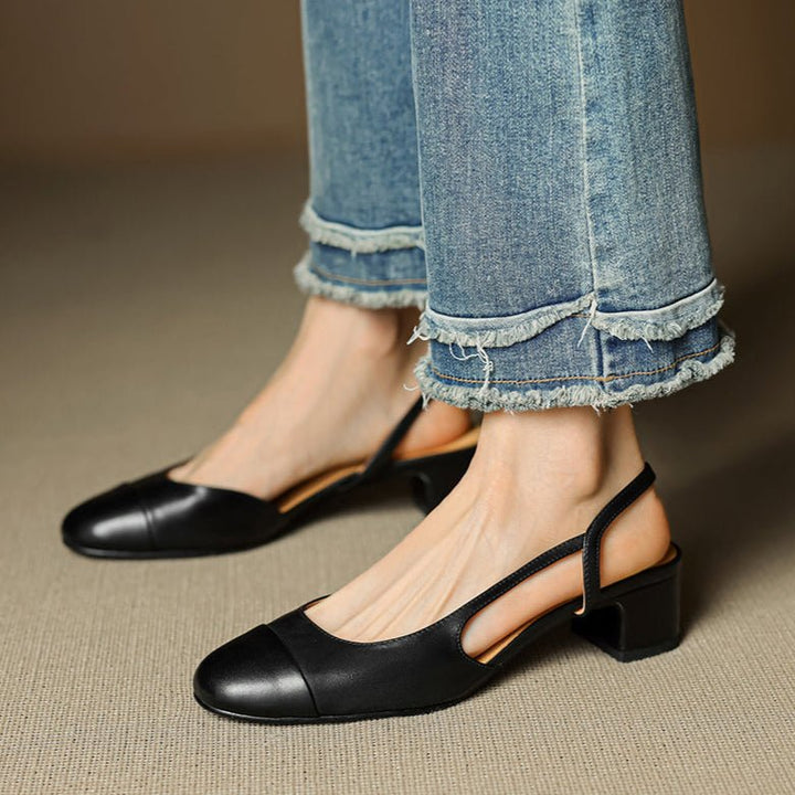 Dames Lederen Slingback Pumps met Amandelneus en Blokhak