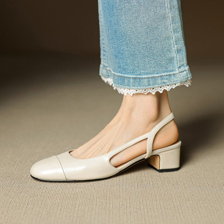 Dames Lederen Slingback Pumps met Amandelneus en Blokhak - Beige