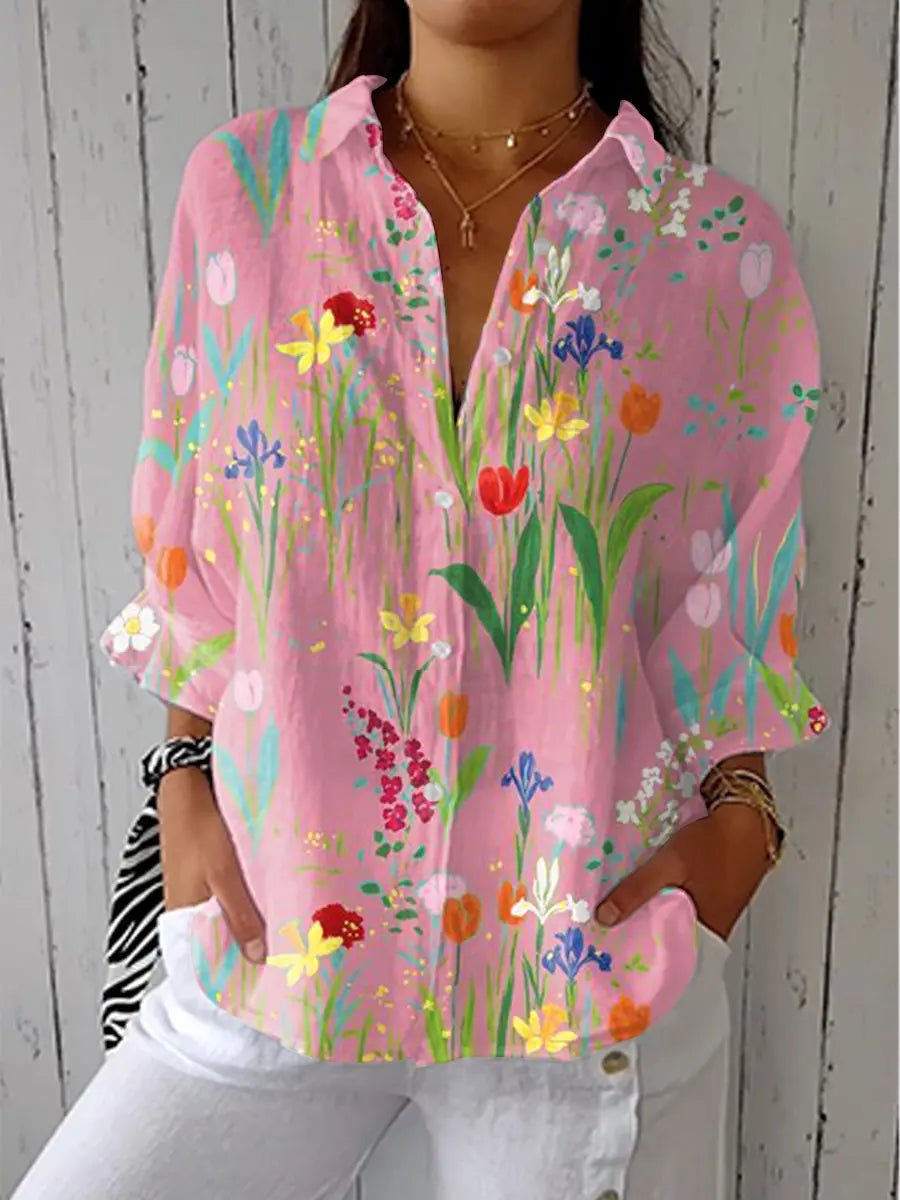Dames Lententuin Blouse Lange Mouwen Knoopsluiting - Pink