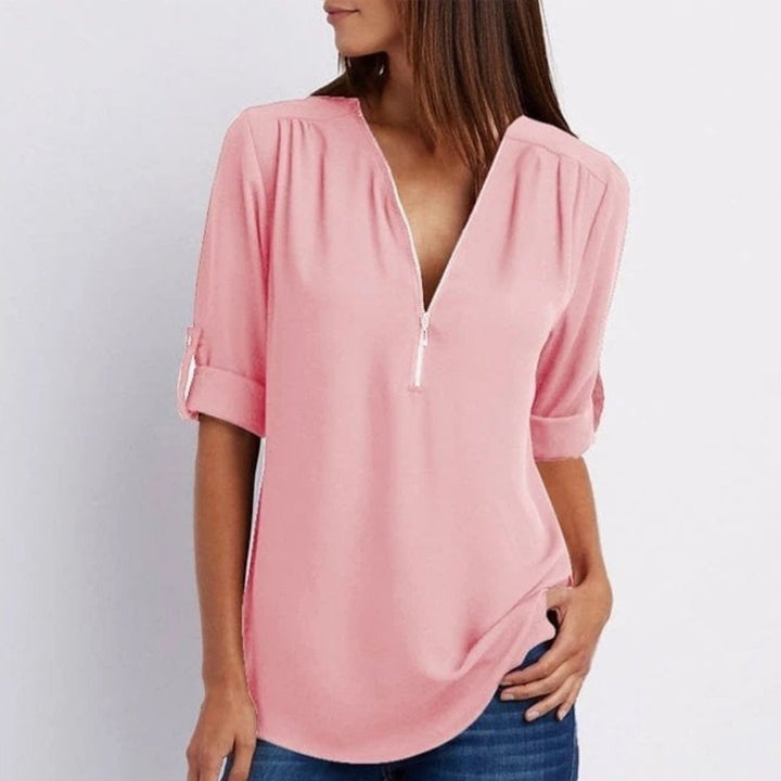 Dames Lichtgewicht V-hals Blouse Oprolbare Mouwen Ritsluiting - Pink