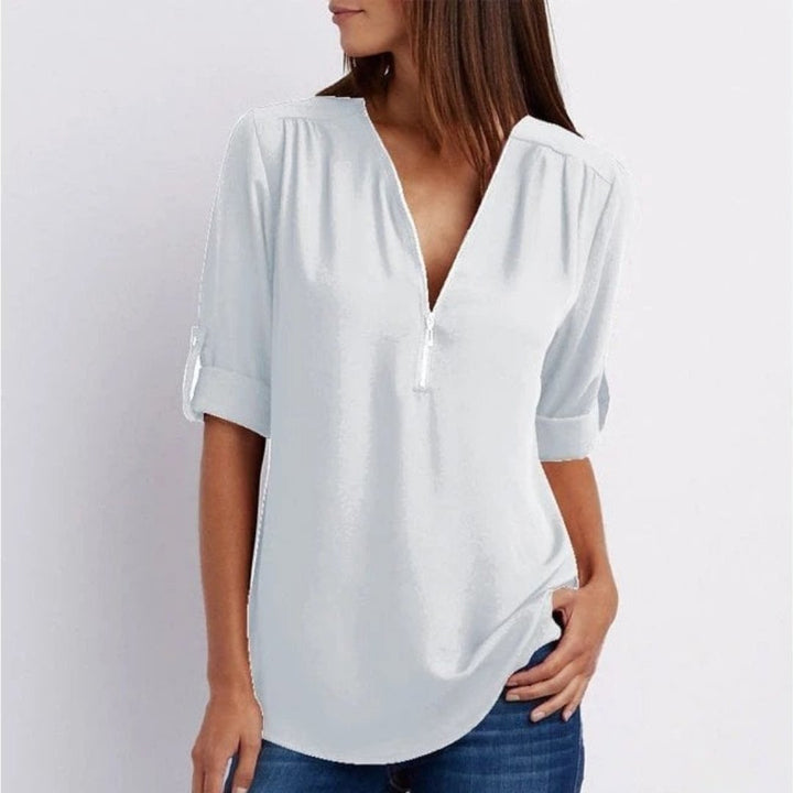 Dames Lichtgewicht V-hals Blouse Oprolbare Mouwen Ritsluiting - White
