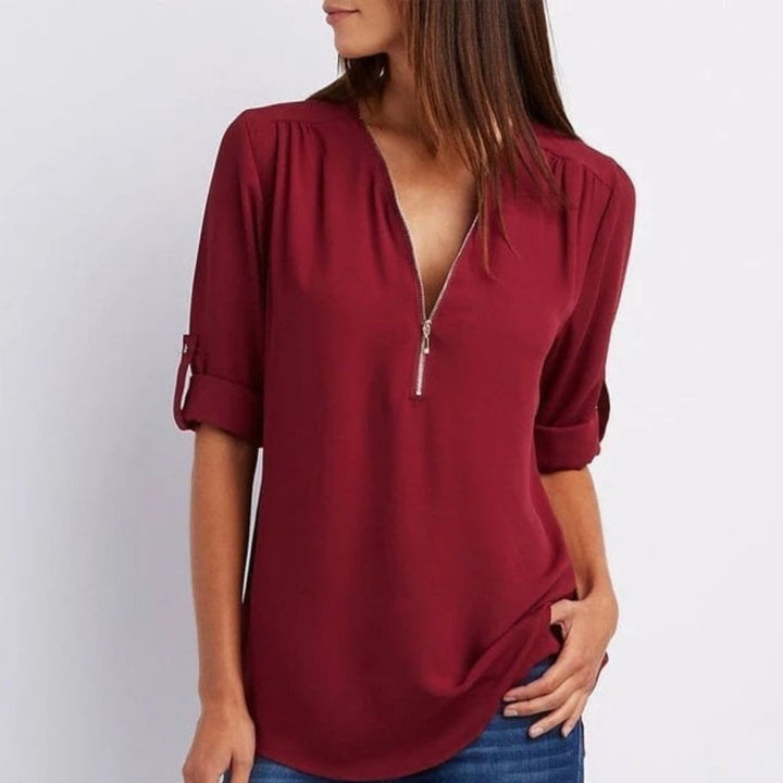 Dames Lichtgewicht V-hals Blouse Oprolbare Mouwen Ritsluiting - Dark Red