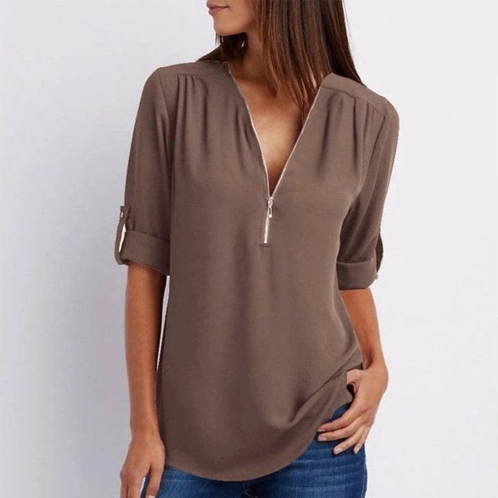 Dames Lichtgewicht V-hals Blouse Oprolbare Mouwen Ritsluiting - Mocha