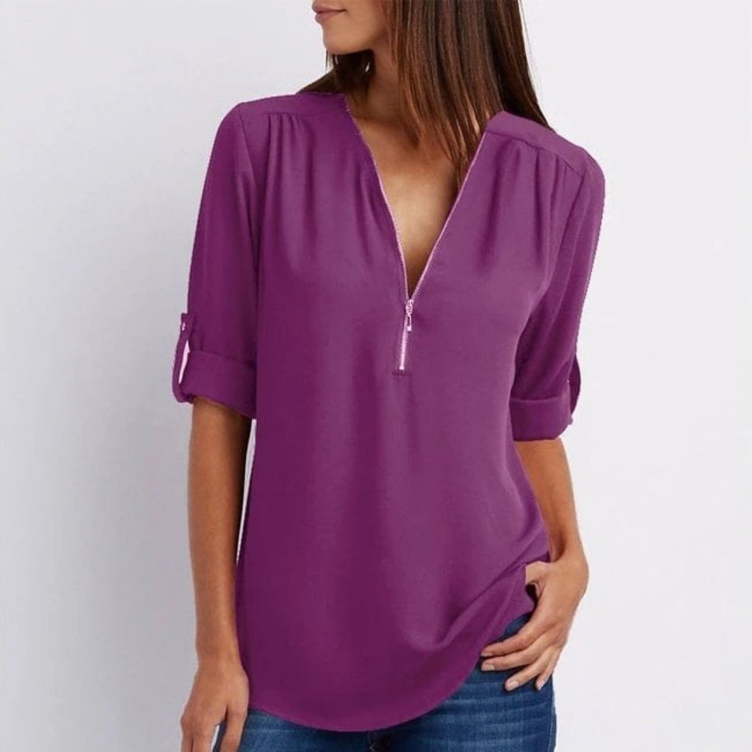 Dames Lichtgewicht V-hals Blouse Oprolbare Mouwen Ritsluiting - Purple