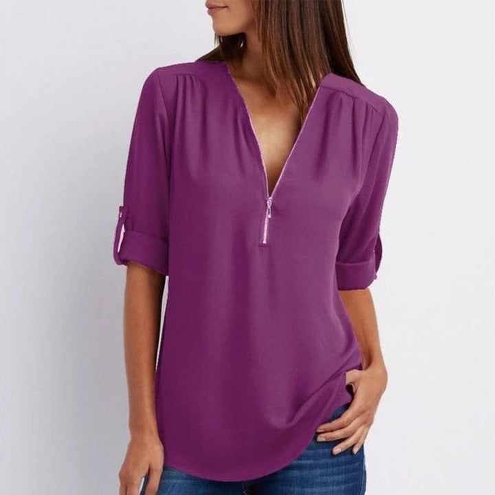Dames Lichtgewicht V-hals Blouse Oprolbare Mouwen Ritsluiting - Purple