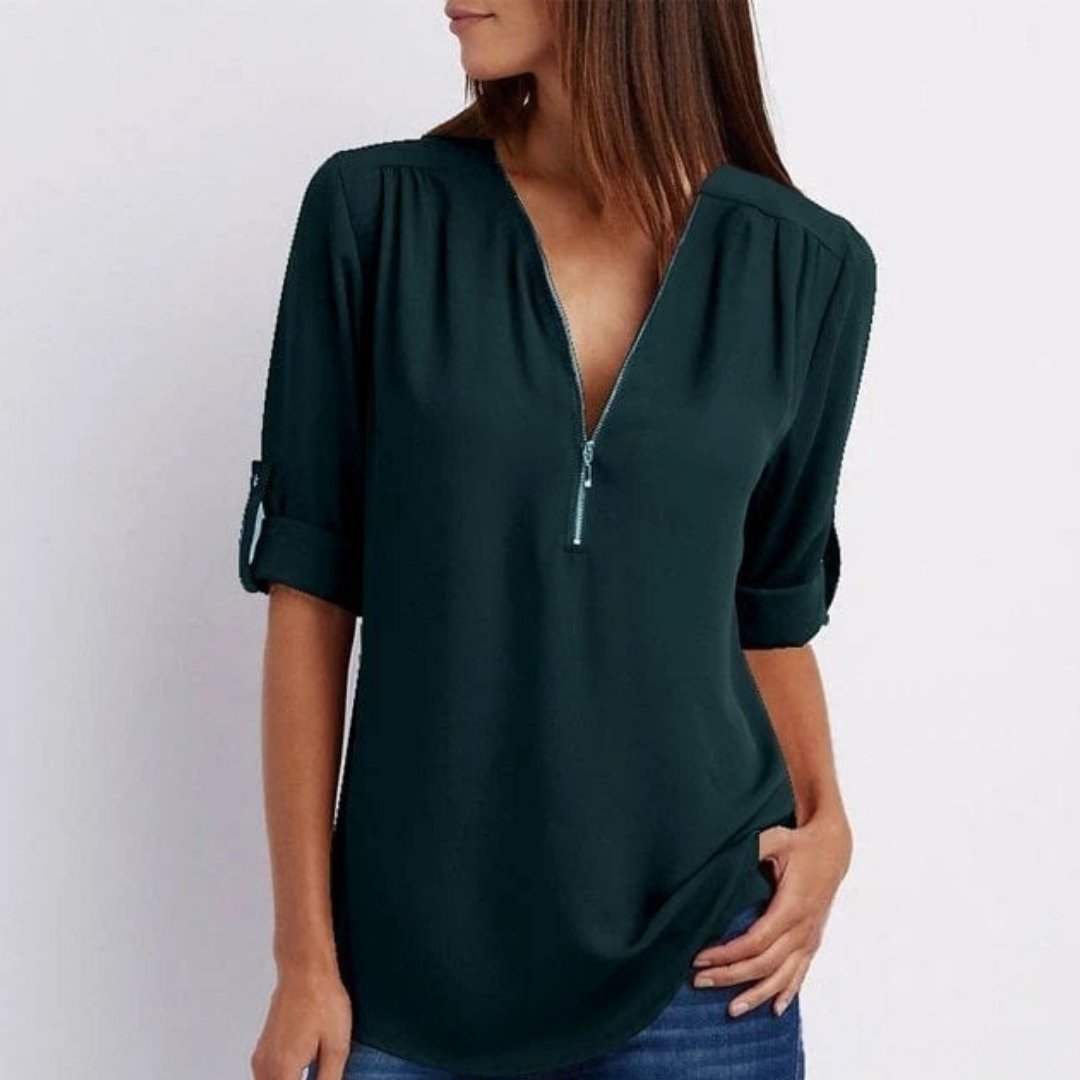 Dames Lichtgewicht V-hals Blouse Oprolbare Mouwen Ritsluiting - Dark Green