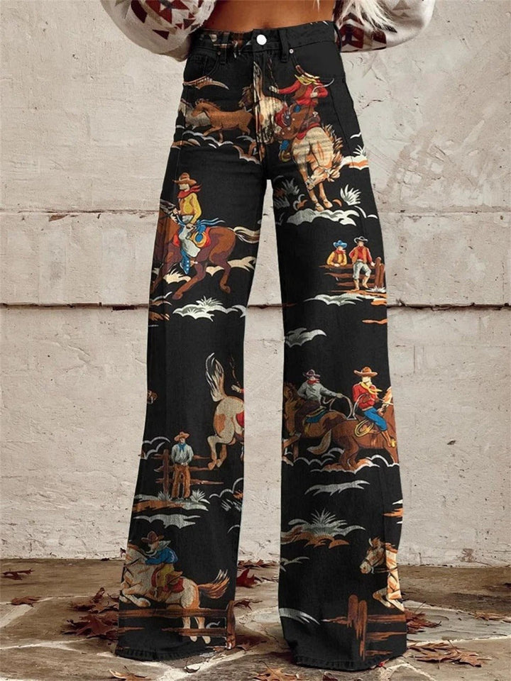 Dames Linen-Look Western Print Wijde Denim Broek Hoge Taille - Black