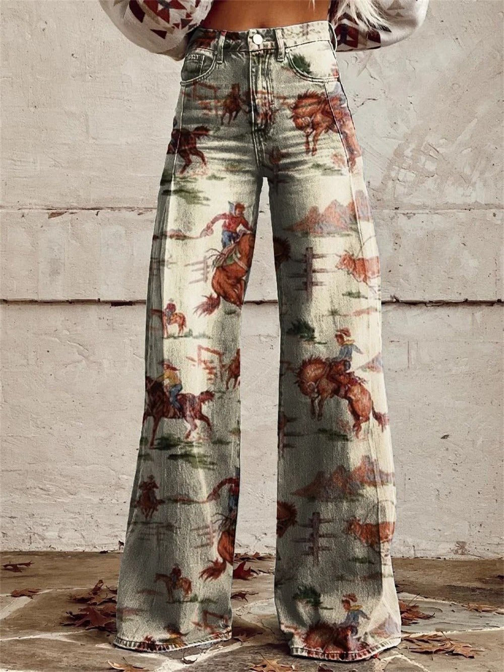 Dames Linen-Look Western Print Wijde Denim Broek Hoge Taille - Beige
