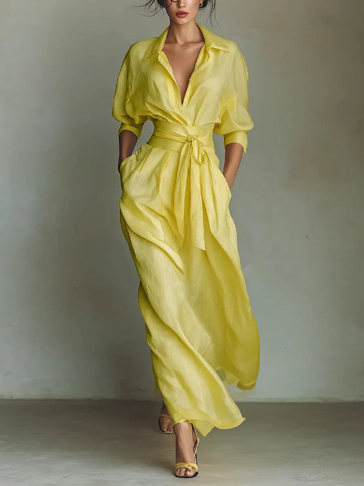 Dames Linen Maxi Blouse-jurk met V-hals - Yellow