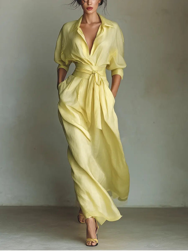 Dames Linen Maxi Blouse-jurk met V-hals