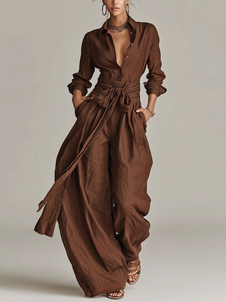 Dames Linen Overhemdkraag Jumpsuit met Riem - Brown