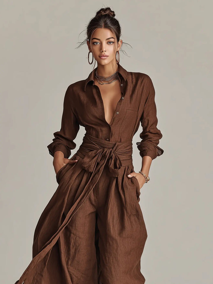 Dames Linen Overhemdkraag Jumpsuit met Riem